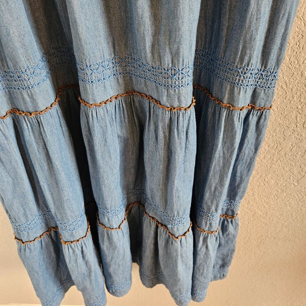 Lapis Woman Size M Tiered Smocked Chambray Maxi Dress Bohemian Western Peasant - Picture 3 of 7